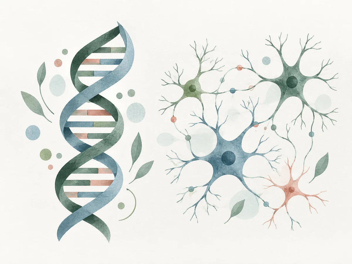 Editorial illustration of a DNA double helix beside a branching neural network.